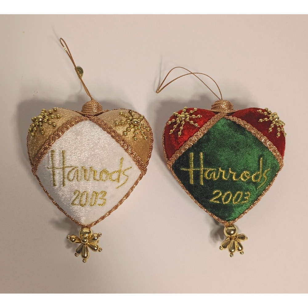 Vintage HARRODS Department Store 2003 Velvet Heart Christmas Ornament Lot of 2